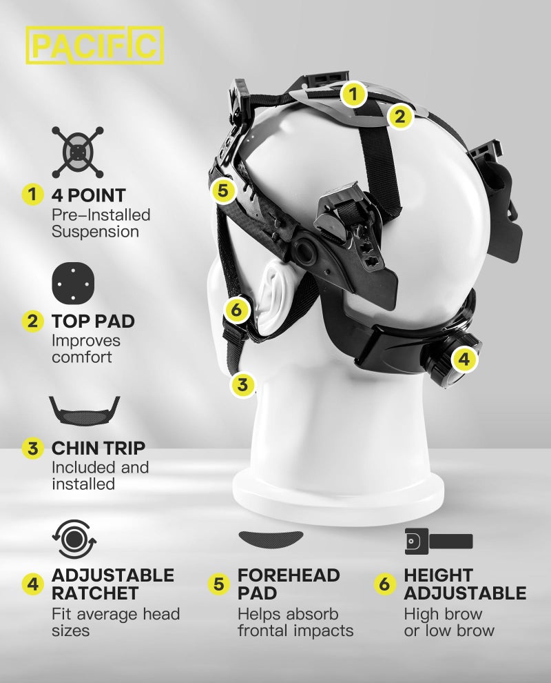 PACIFIC PPE Full Brim Hard Hat  OSHA Construction Work Approved  HDPE Safety Helmet with 4 Point Adjustable Ratchet Suspension  Class E  G & C  Black - Image 3